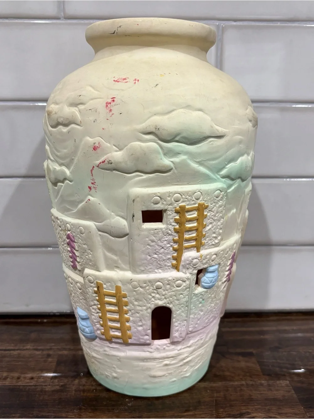 1992 Beachcombers Southwestern Cream Ceramic Vase with Pastel Accents